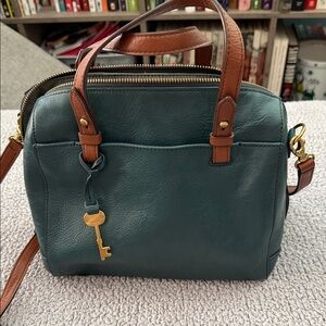 Fossil Teal and Brown Leather Satchel